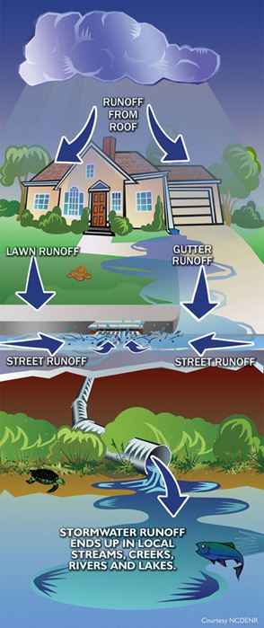 Diagram shows how pollutants can be picked up from surfaces when it rains or snows.