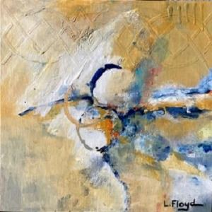 Abstract painting with yellows, blues, and whites. 
