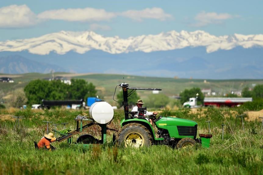 Tim Ferrell from Berry Patch Farms working on his farmland. There is a view of the Rocky Mountains in the background.