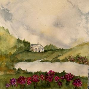 Painting of a small white cottage among green hills, with pink flowers in the foreground