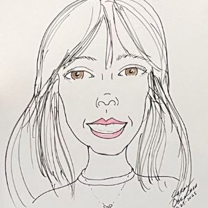 Ink caricature of a young woman. 