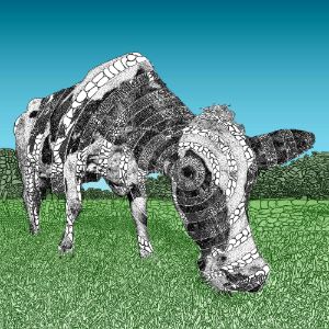 Cow in a field in the pointillist style. 