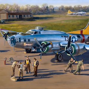 Painting of a World War 2 fighter plane with pilots and workers on a tarmac.
