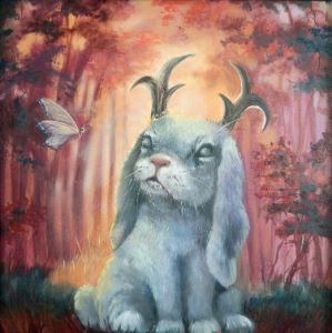 Painting of a white jackalope (a rabbit with antlers) looking at a butterfly.